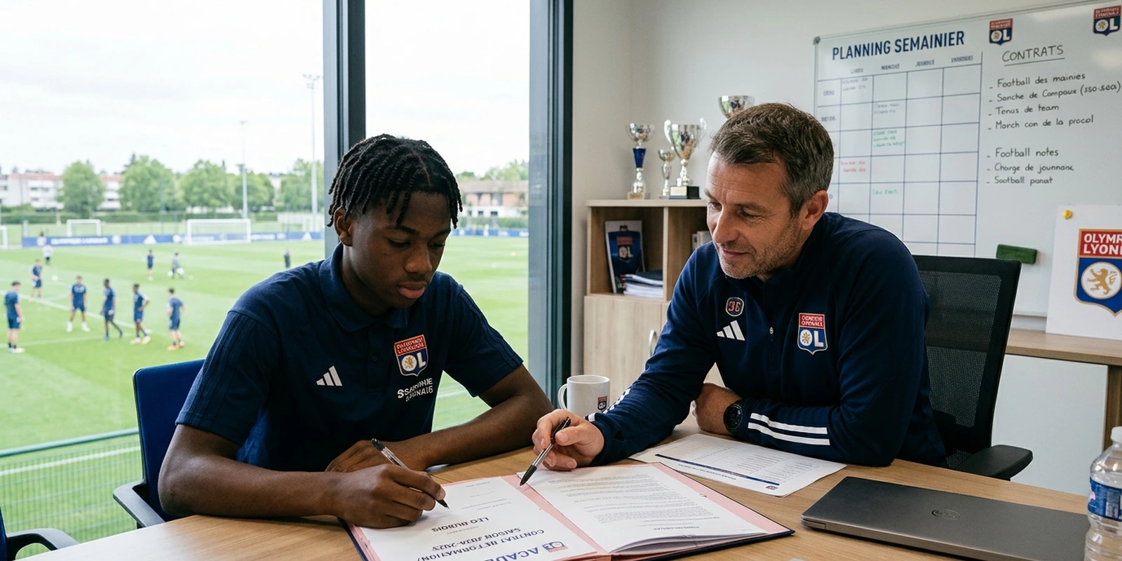 Contrat stagiaire, élite, premier contrat pro : les règles Couverture : le titre Contrat stagiaire élite premier contrat pro sur un terrain de football stylisé
