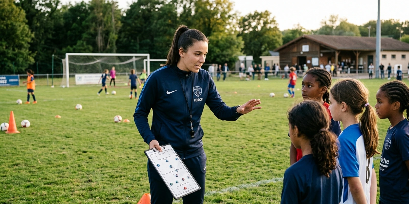 Couverture : le titre Quel diplôme pour entraîner au foot sur un terrain de football stylisé