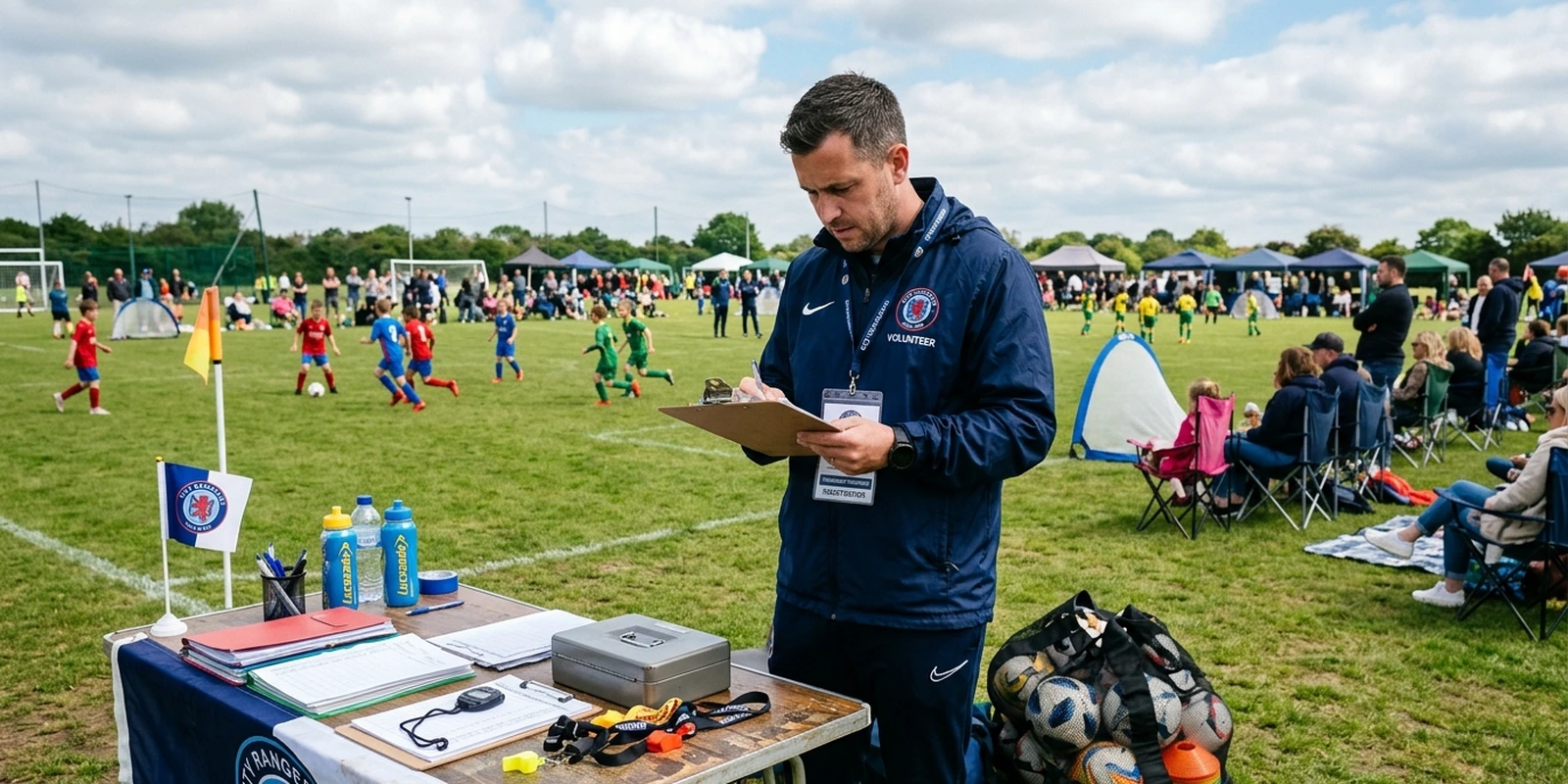 Organiser un tournoi de foot jeunes : budget, étapes, bilan Couverture : le titre Organiser un tournoi de foot jeunes sur un terrain de football stylisé